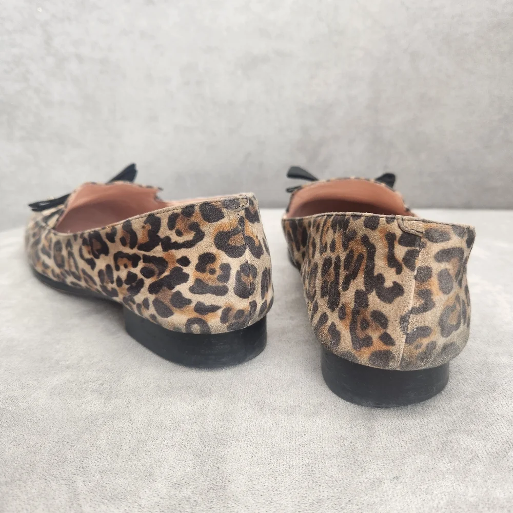 Kate Spade Loafers 8.5 Leopard Tan Leather Daphne Black Bow Logo Animal Print